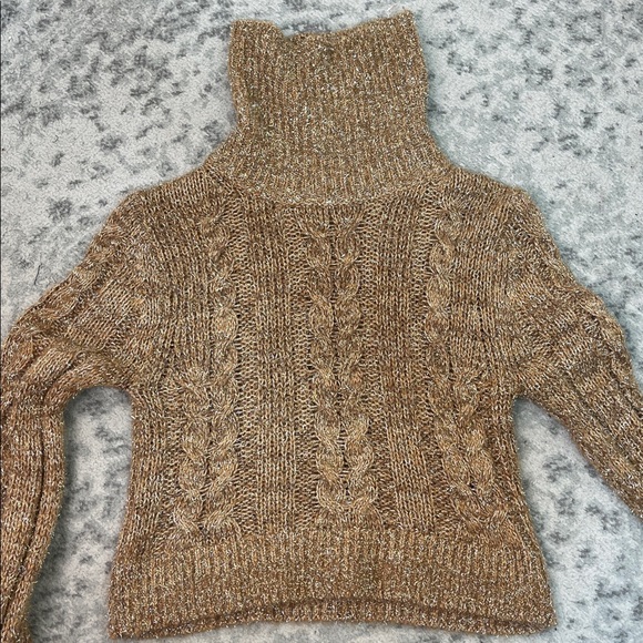 PILCRO Anthropologie Gold Sparkle Turtleneck Cable Knit Crop Sweater Size SM - Picture 11 of 13